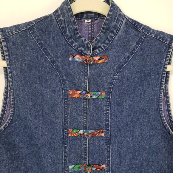 Vintage 90s Denim Vest M Womens Upcycle Fringe Hem Medium Wash Blue Jean - Picture 5 of 6